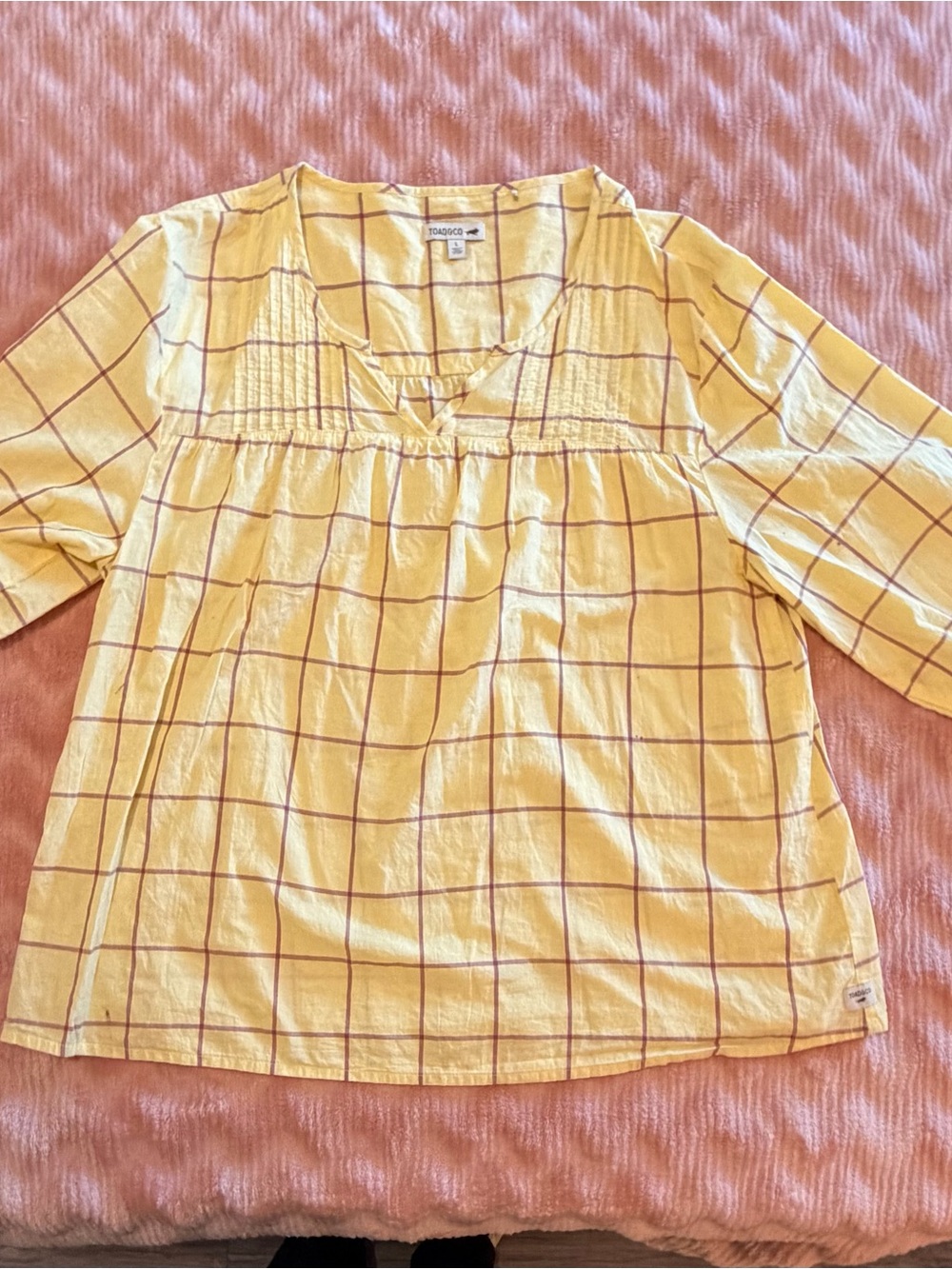 Toad & Co Yellow Plaid Pintuck V-Neck Tunic size L